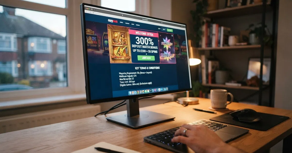 A UK online casino welcome-offer screen showing a deposit-match bonus percentage beside its key terms — wagering multiple, time limit, and game eligibility — on a desktop browser