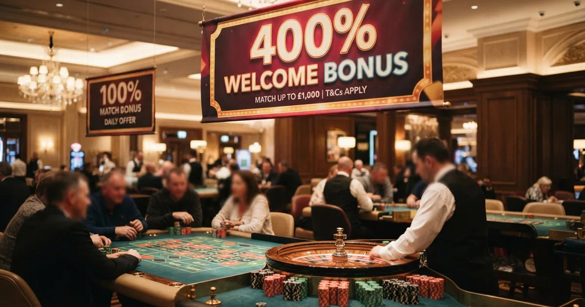 A 400% casino bonus banner set beside a smaller 100% match banner above a roulette table