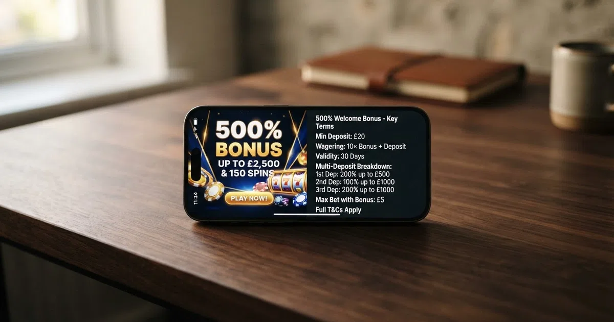 A split-screen comparison: on the left, a bold “500% BONUS” casino advertisement banner; on the right, the same offer's terms and conditions page showing the multi-deposit breakdown and 10× wagering requirement in fine print.