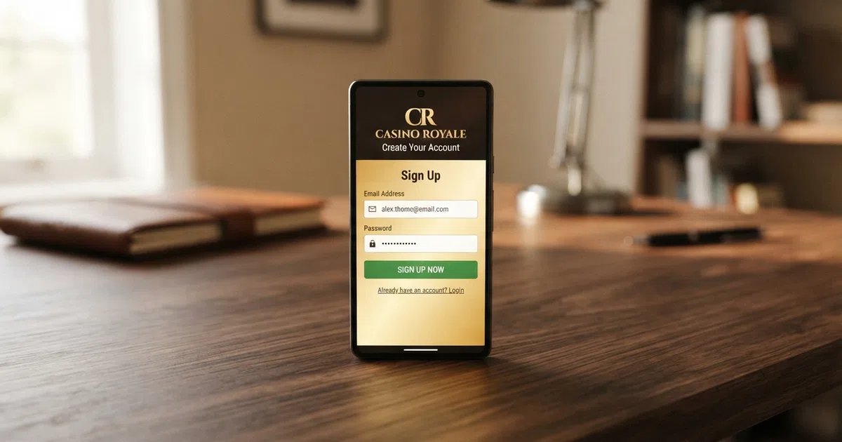 A casino game lobby on a smartphone screen with a sign-up form that asks only for an email address and password — no document-upload field in sight