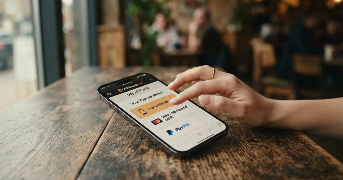 A smartphone screen showing a UK online casino deposit page with a “Pay by Mobile” or “Pay by SMS” option highlighted among payment methods, with a UK mobile network signal bar visible in the status bar