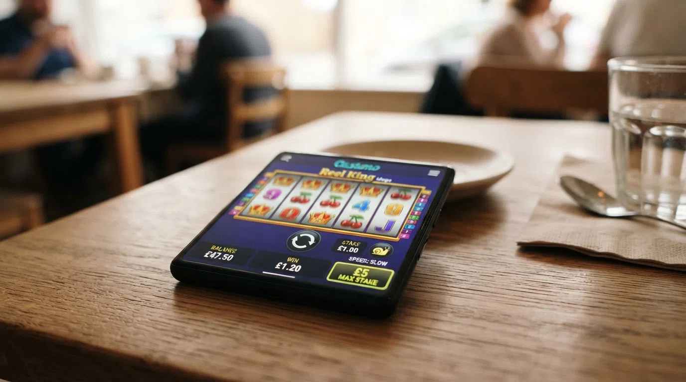 A mobile slot game screen showing a maximum stake setting and a slower spin-speed option, with a small “£5 max stake” label