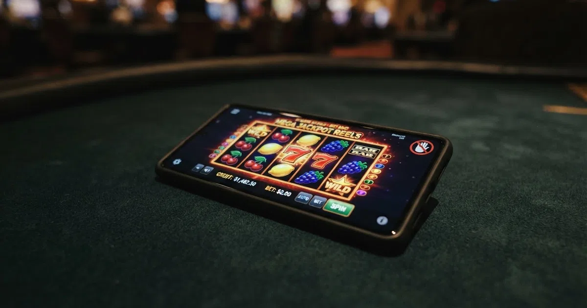 A smartphone screen displaying a colourful online slot game reels interface, with a GamStop logo crossed out or greyed out in the corner of the frame, set against a dark casino-style background