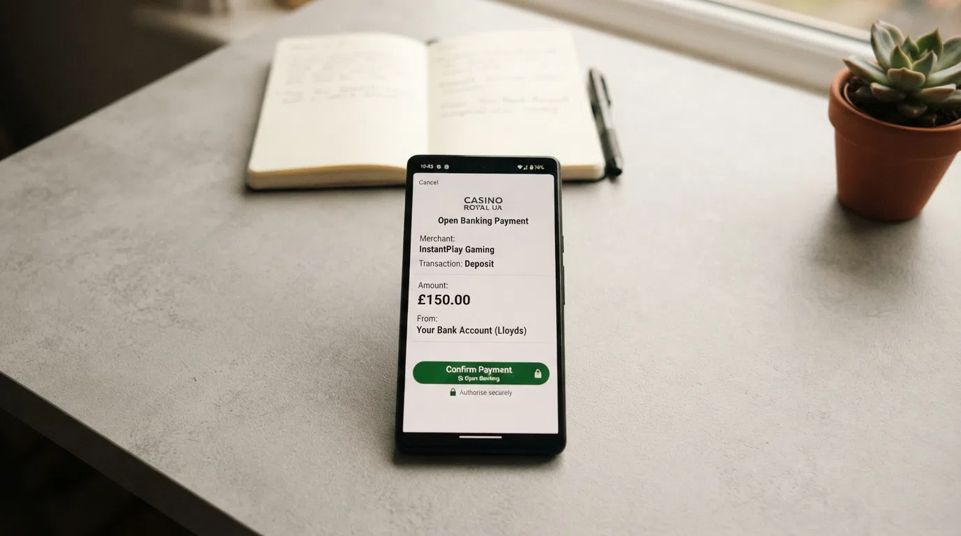 A smartphone screen showing an Open Banking payment authorisation page with a casino brand name visible in the merchant field