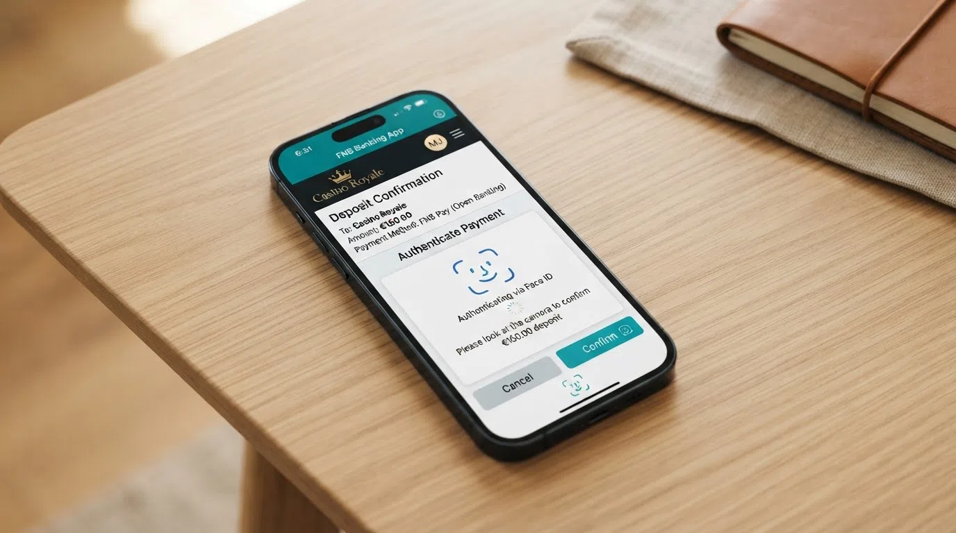 A smartphone screen showing a banking app with a biometric face-scan confirmation dialogue for a casino deposit transaction