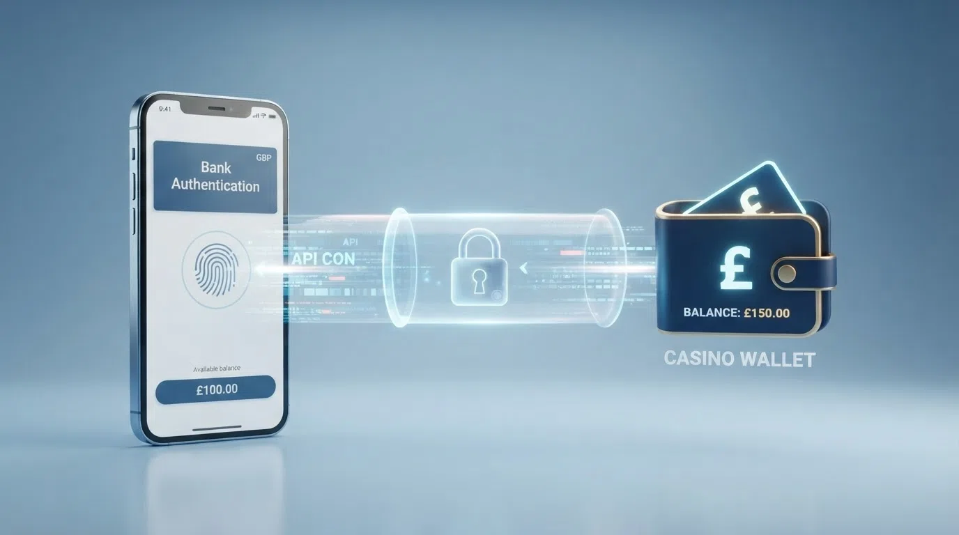 A simplified diagram showing the Open Banking payment flow — a player approves a deposit inside their banking app and the funds settle directly in the casino account