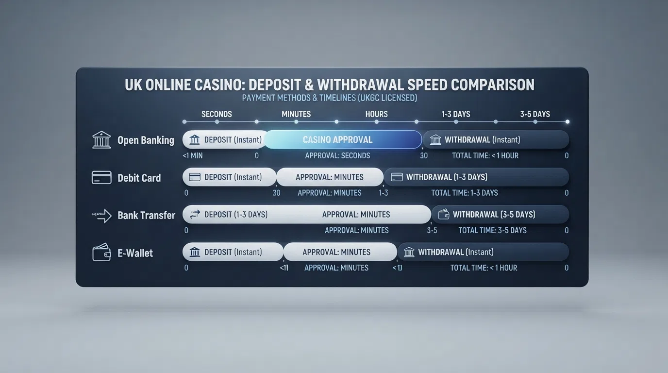 A horizontal comparison timeline graphic showing the deposit and withdrawal speed of four payment methods at UK casinos — Open Banking, debit card, bank transfer and e-wallet — with the casino approval window marked as a separate step