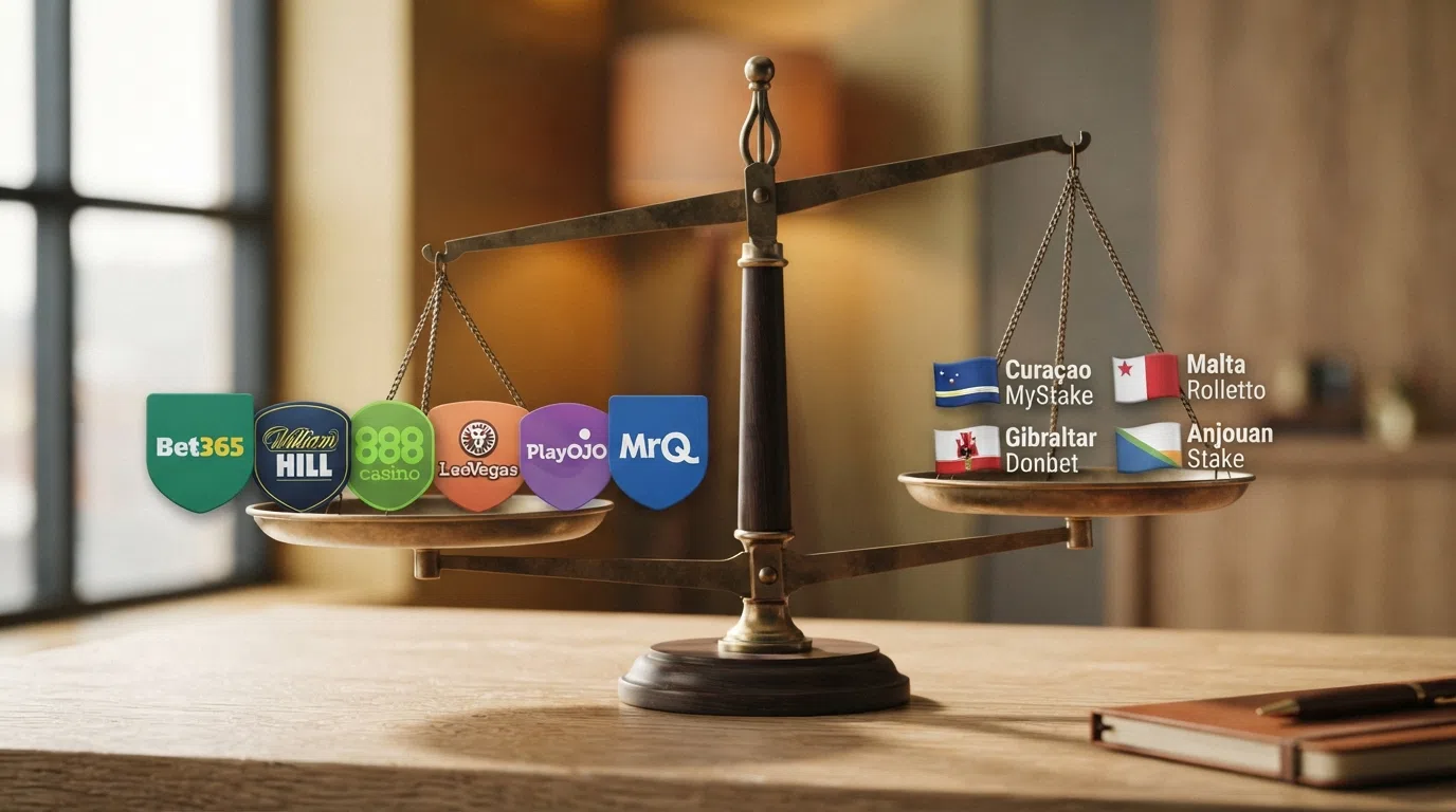 A clean visual split: six UKGC licence badges and operator logos arranged on the left side, four offshore jurisdiction flags and operator logos on the right, with a balance scale tipping toward the UKGC side