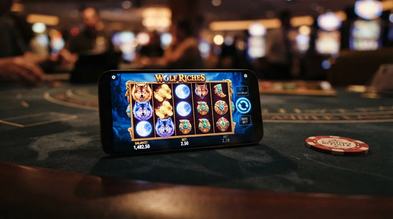 Wolf Riches slot game reels on a 5×3 grid showing wolf-themed symbols, the jackpot tracker and the spin button