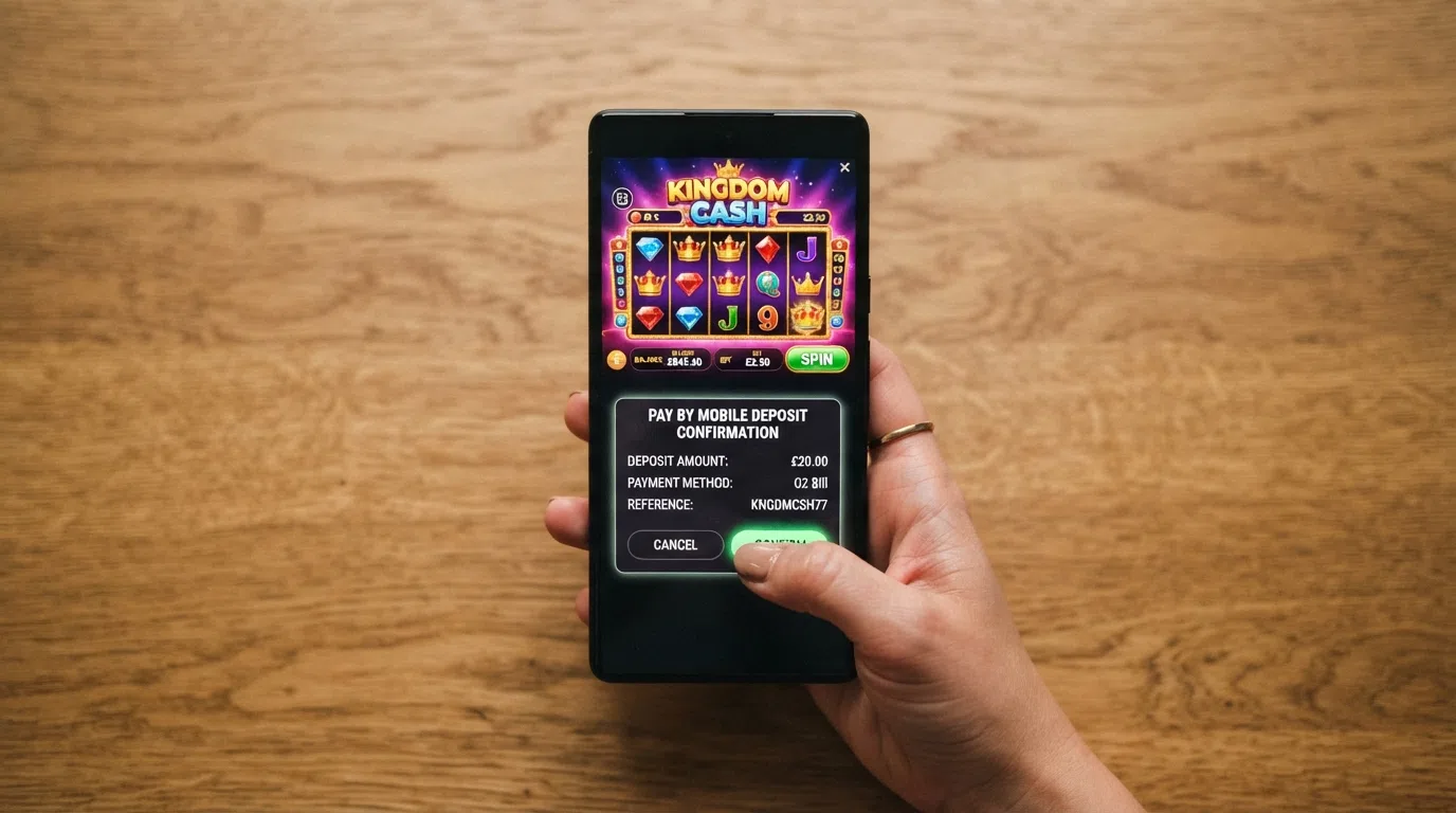 A mobile phone held in hand displaying a casino slots game, with the pay-by-mobile deposit confirmation overlay partially visible
