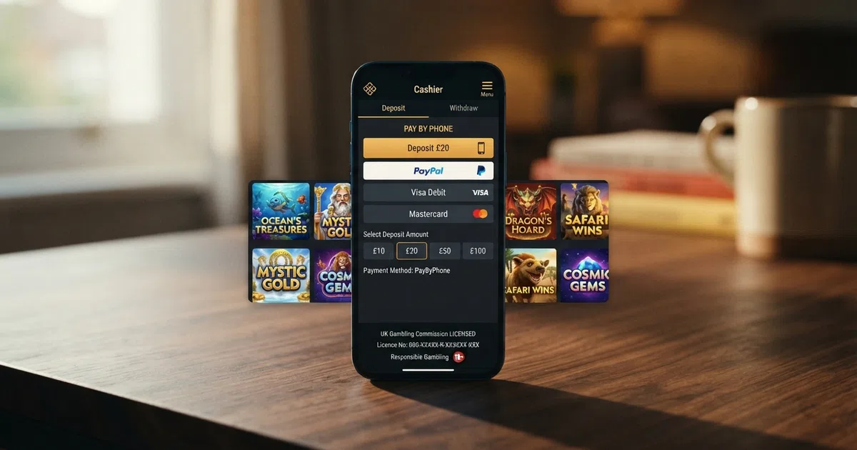 A smartphone screen displaying a UK online casino cashier page with the pay-by-phone deposit option highlighted, a UKGC licence badge visible in the site footer, and a selection of slot-title cards arranged on the home screen behind the cashier overlay