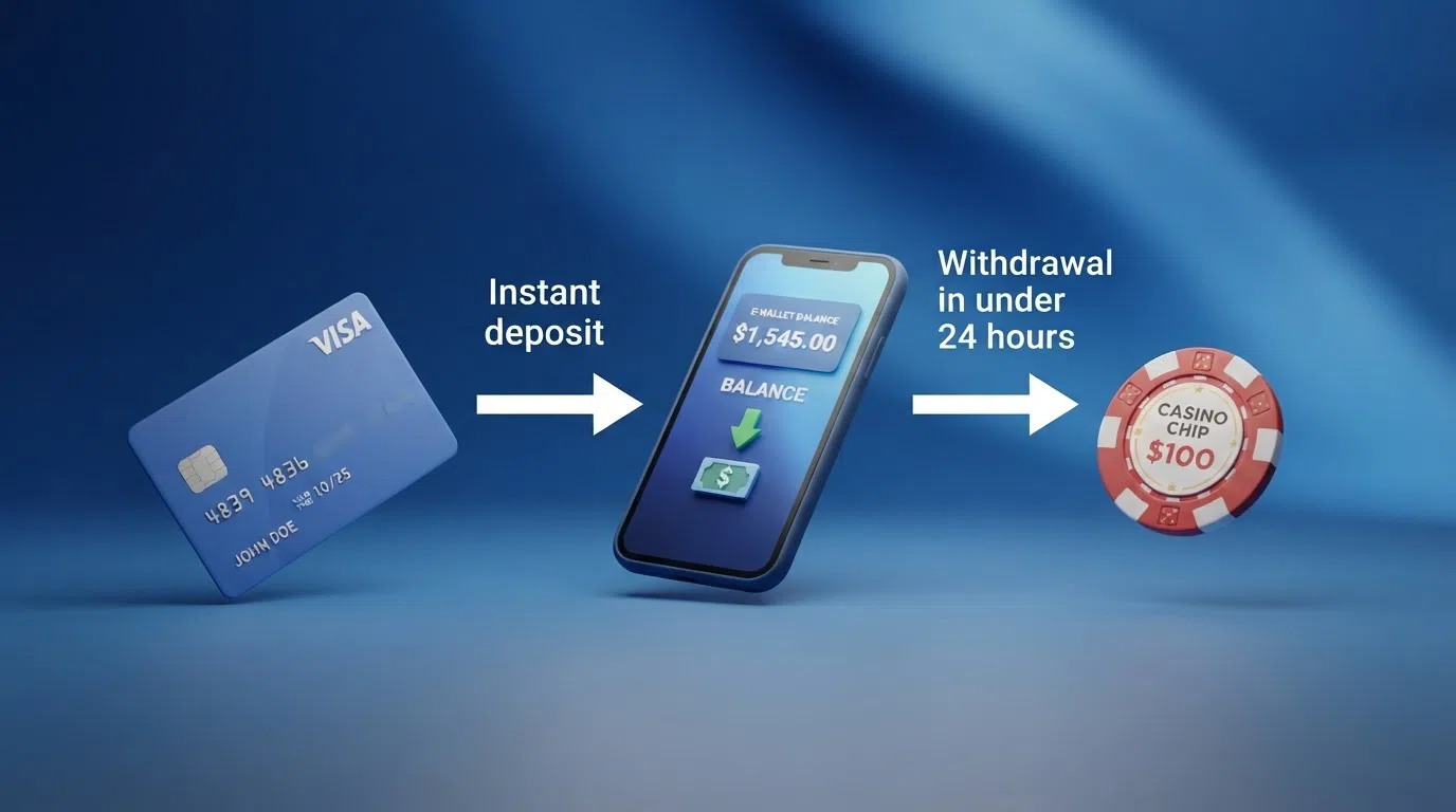 A simplified visual showing the three-step PayPal casino money flow: bank account → PayPal balance → casino deposit, with arrows labelled "Instant deposit" and "Withdrawal in under 24 hours"