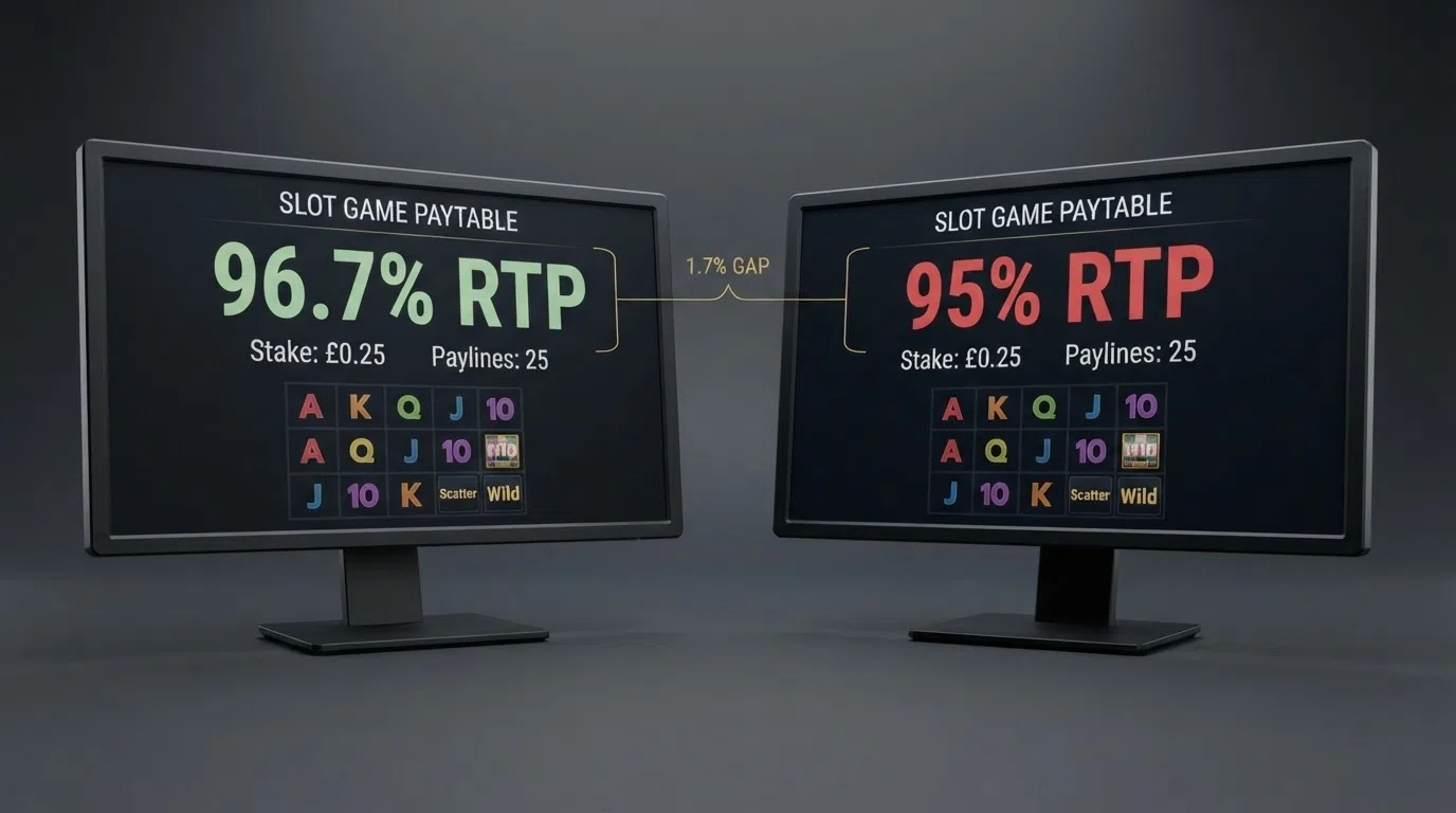 A side-by-side view of two penny-slot paytables on a desktop browser, one labelled with a 96.7% RTP badge and the other showing 95%, with the stake and payline settings visible beneath each