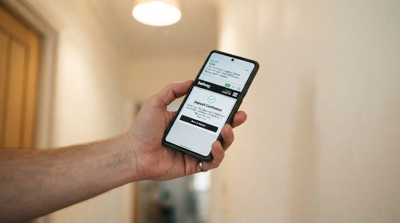 An SMS verification code displayed on a smartphone screen beside a casino deposit confirmation page showing the completed transaction