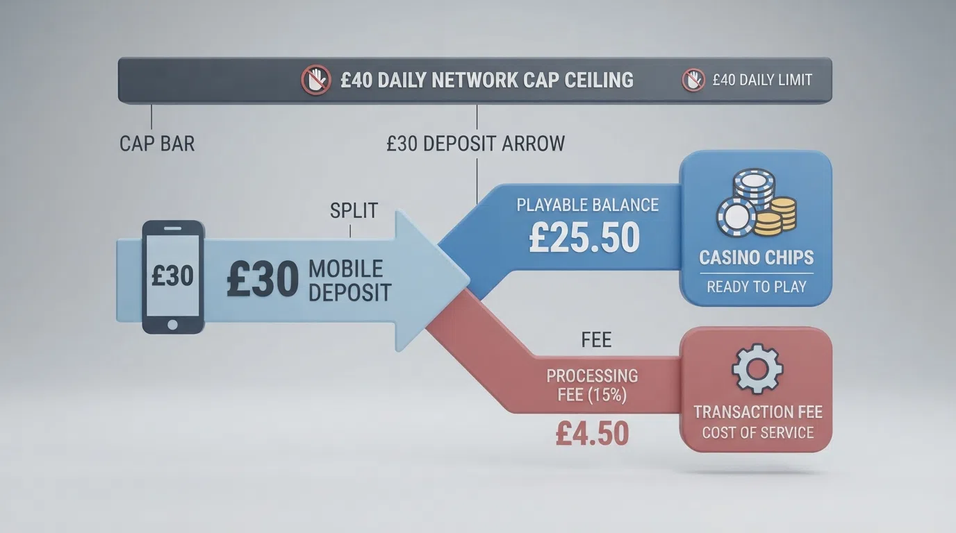 An infographic showing a £30 deposit arrow splitting into a £25.50 playable balance after a 15% fee, with a network-cap ceiling at £40 per day