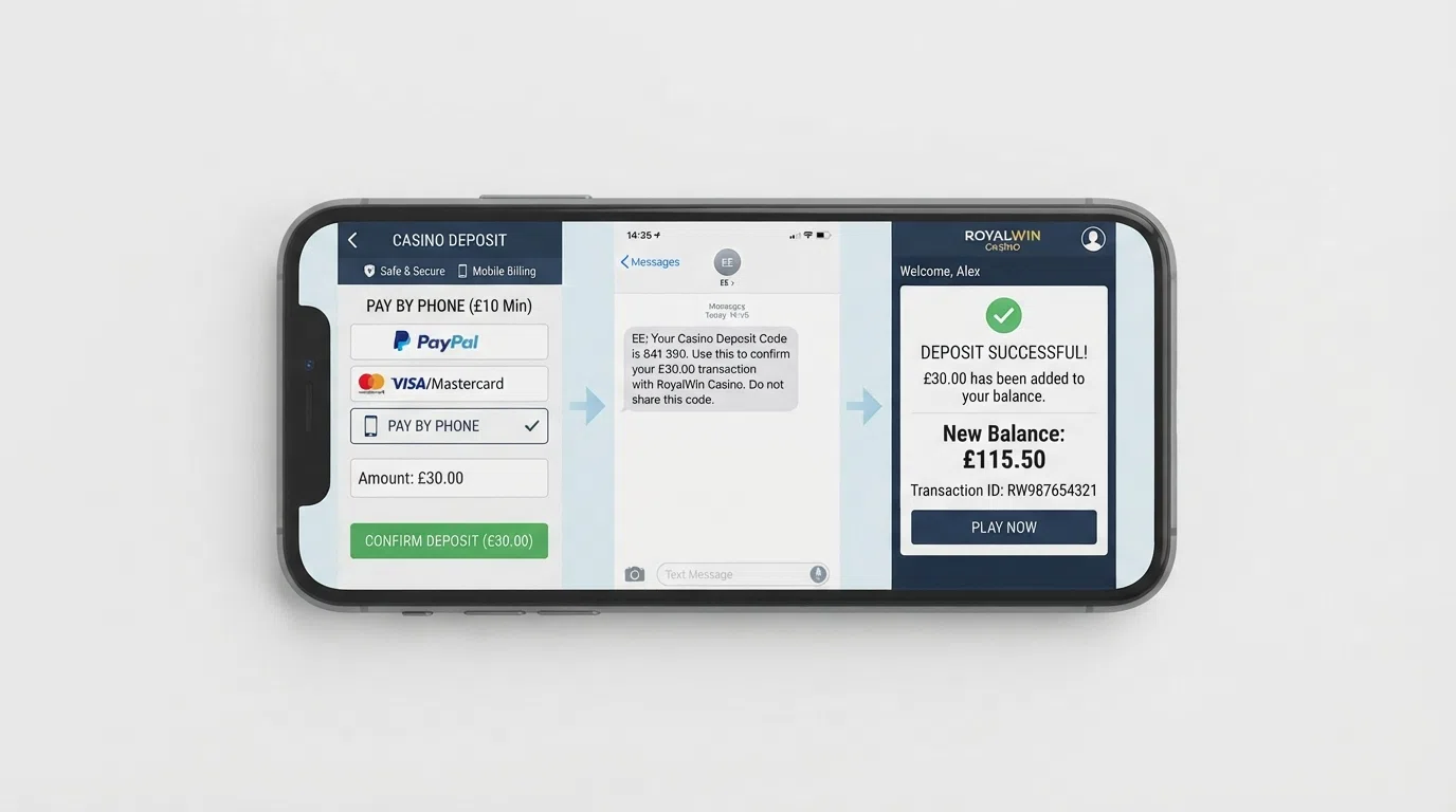 A three-step diagram showing the pay-by-phone deposit sequence: a smartphone screen at step 1 (select pay-by-phone at the casino cashier), step 2 (an SMS verification code arriving on the same handset), and step 3 (the casino balance updating with the deposited amount, with an arrow marked “charge added to next phone bill” pointing away from the phone)
