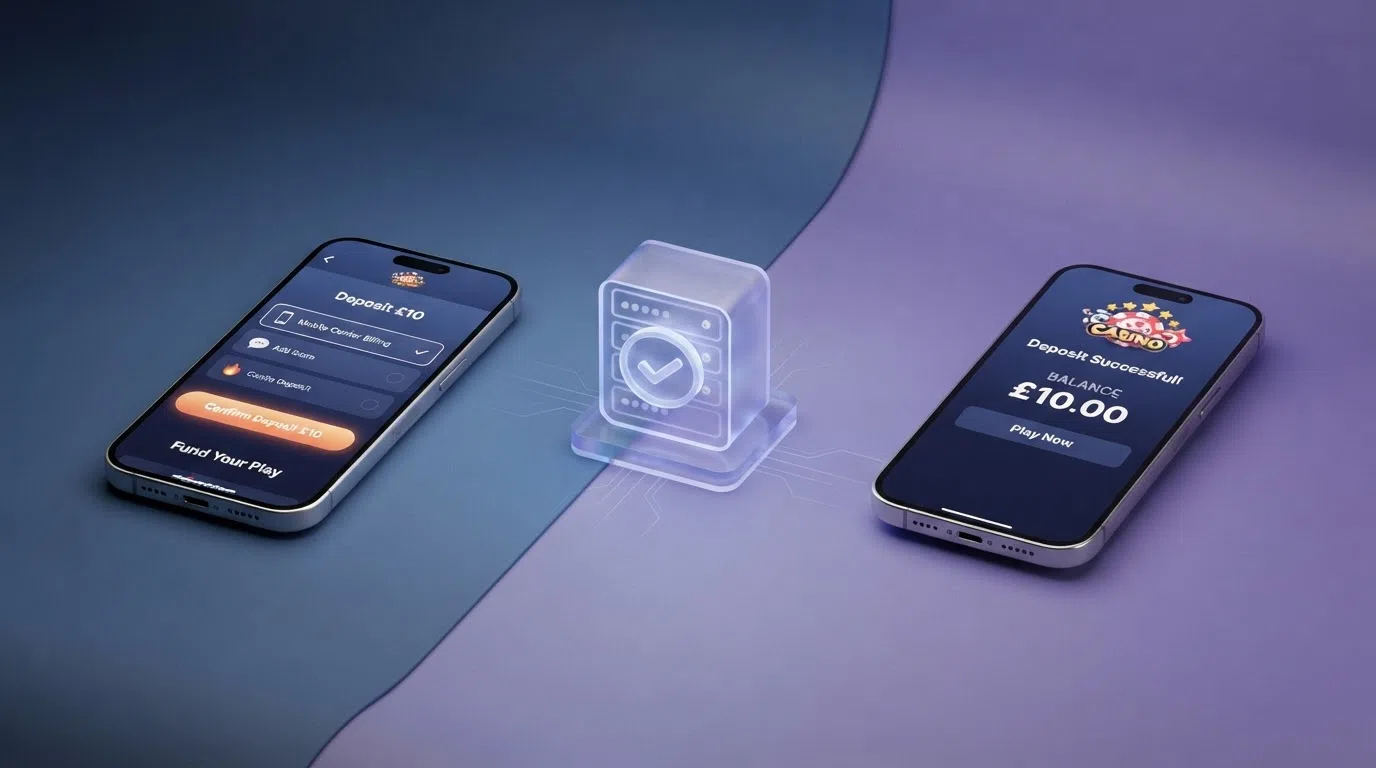 A three-step diagram showing the phone-credit deposit chain: a mobile phone sending a deposit request, a carrier-billing gateway confirming the transaction, and a casino balance updating instantly
