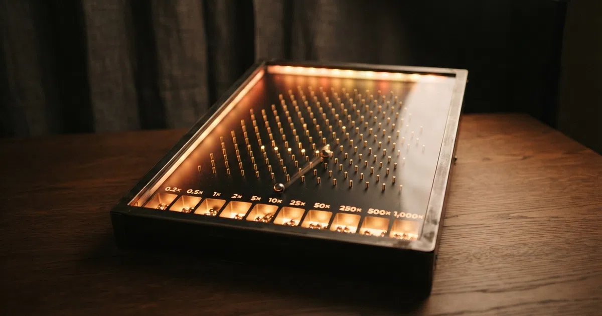 A glowing digital Plinko board with a ball bouncing through staggered pegs toward multiplier buckets labelled from 0.2× to 1,000×