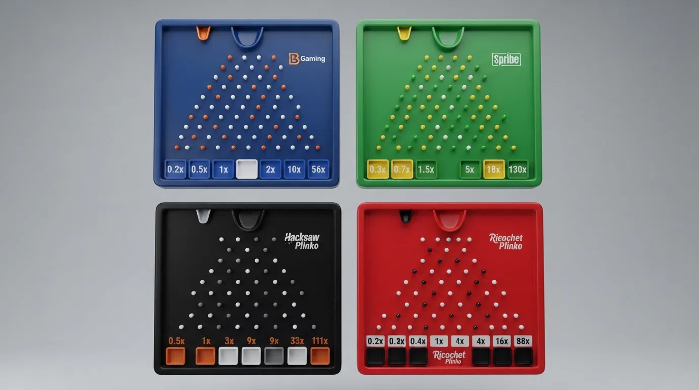 Four Plinko game screens arranged in a grid, each showing a different provider's board layout, colour scheme and multiplier distribution