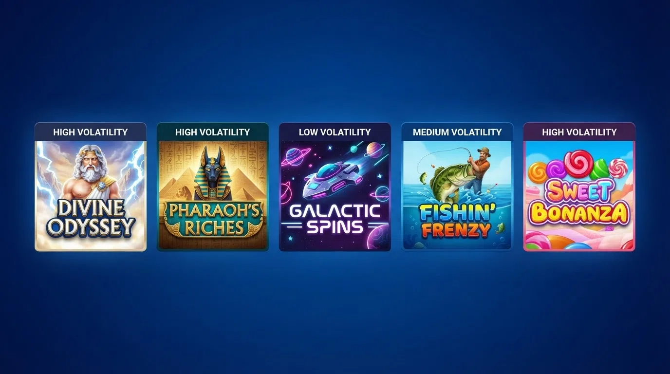 A grid of five slot-game title cards showing Gates of Olympus, Book of Dead, Starburst, Big Bass Bonanza and Sweet Bonanza, arranged by volatility from low to high