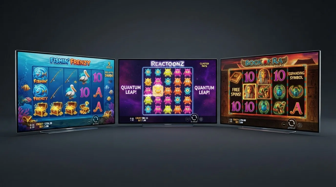 Screenshots of Big Bass Bonanza, Starburst and Book of Dead slot game reels — the three titles most commonly eligible for UK free-spins promotions