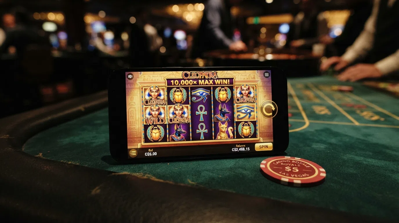 The Cleopatra slot game screen on a smartphone held in landscape orientation, showing the 5×3 reel grid with Egyptian-themed symbols, the 10,000× max win banner and a highlighted spin button