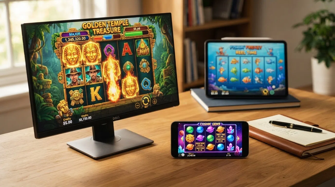 The title screens of Book of Dead, Starburst, and Big Bass Bonanza arranged on a desktop monitor and a mobile phone