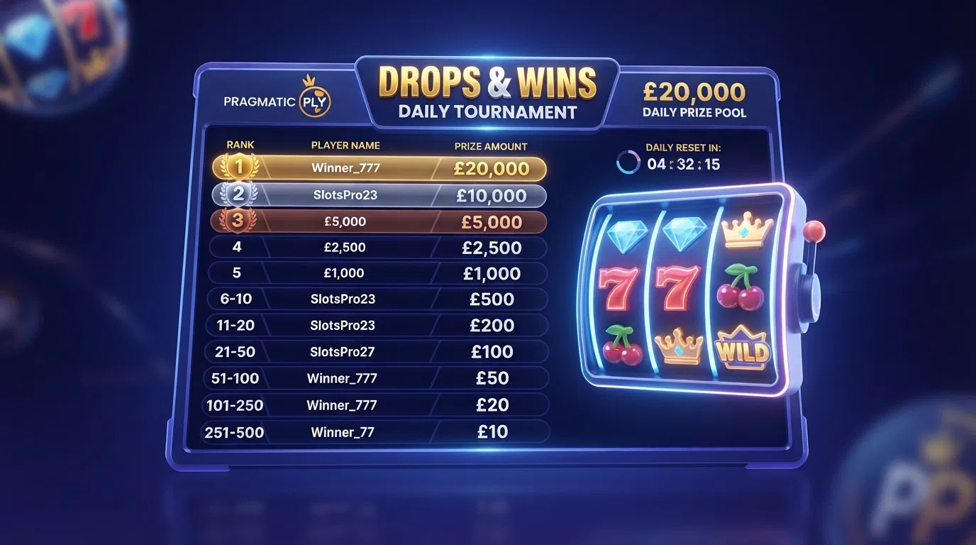 A stylised leaderboard interface showing 500 position slots with cash amounts descending from £20,000, overlaid with a slot-reel graphic and a countdown clock