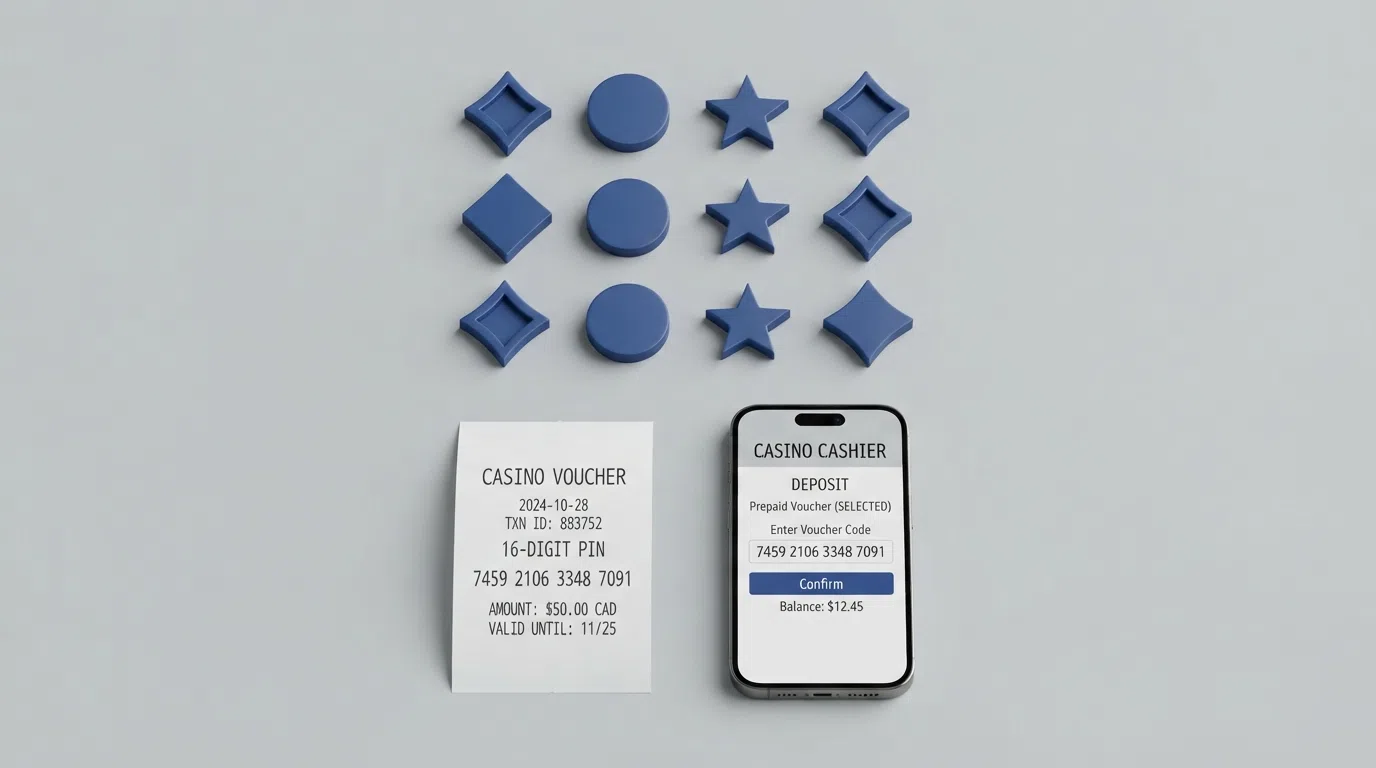 A grid arrangement of UKGC-licensed casino brand marks above a paysafecard voucher and a smartphone displaying a casino deposit cashier screen