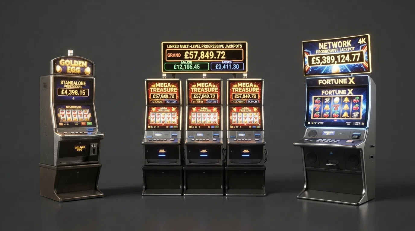 Three illustrated slot cabinets side by side: a single standalone machine with a small jackpot display, a bank of linked machines with a medium display, and a network-connected screen showing a multi-million-pound total