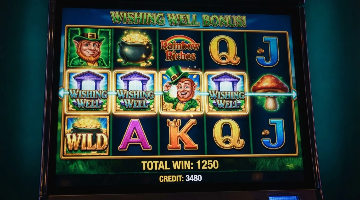 The Rainbow Riches five-by-three reel set with the wishing-well bonus feature active, the leprechaun character visible and the payline indicators lit across the middle row.