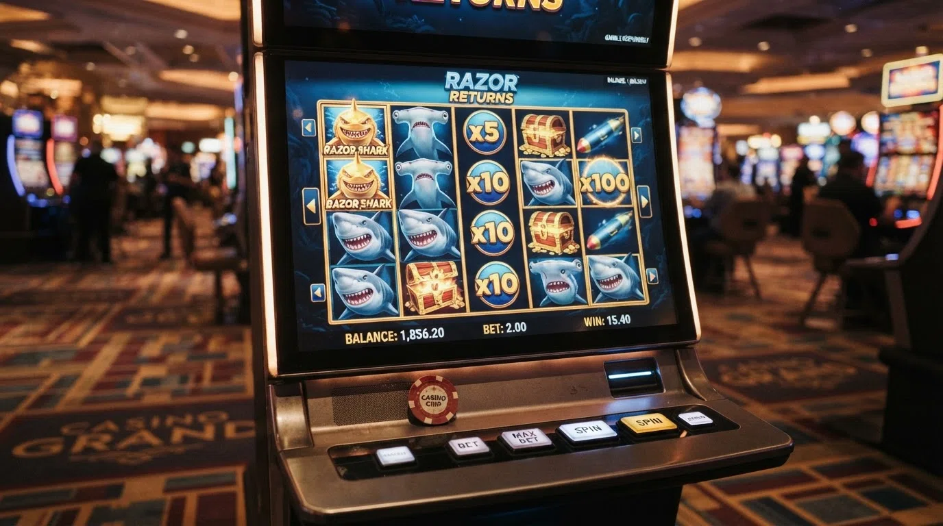 The Razor Returns slot reels showing shark symbols and a large win multiplier on screen