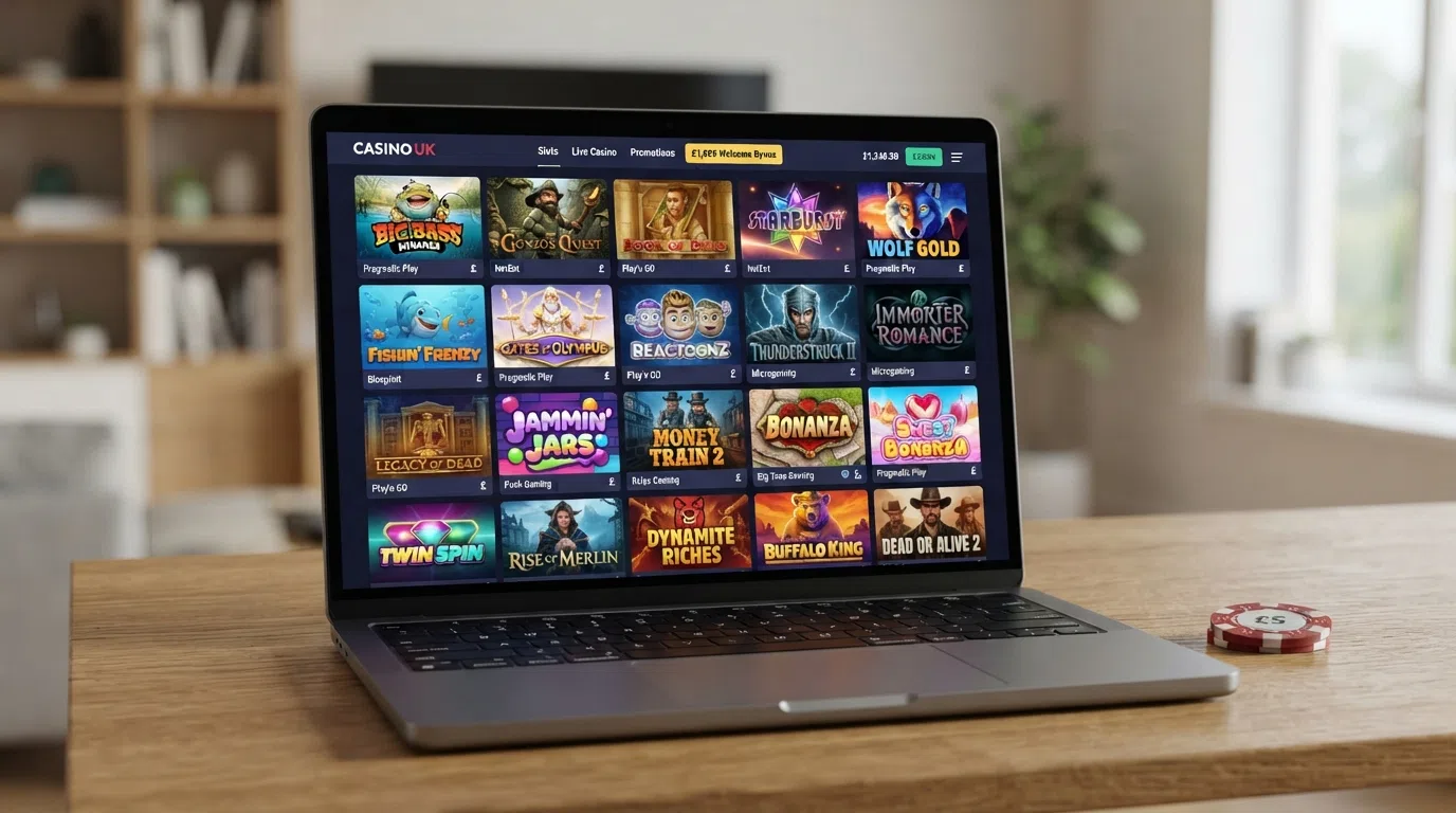 A grid of online slot game thumbnails from multiple providers displayed in a casino lobby, with game titles, provider names and category labels visible