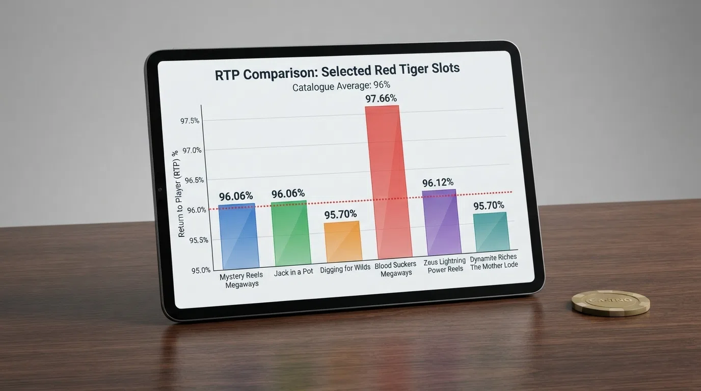 A horizontal bar chart comparing the RTP of six Red Tiger slots — Mystery Reels Megaways at 98.06%, Jack in a Pot at 98.10%, Digging for Wilds at 98.11%, Blood Suckers Megaways at 97.66%, Zeus Lightning Power Reels at 97.73%, and Dynamite Riches The Mother Lode at 96.17% — against a dotted line marking the catalogue average of 96%