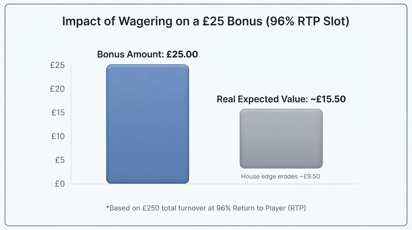 A chart illustrating how a £25 reload bonus shrinks to roughly £15.50 in real expected value after £250 of turnover at a 96% RTP slot