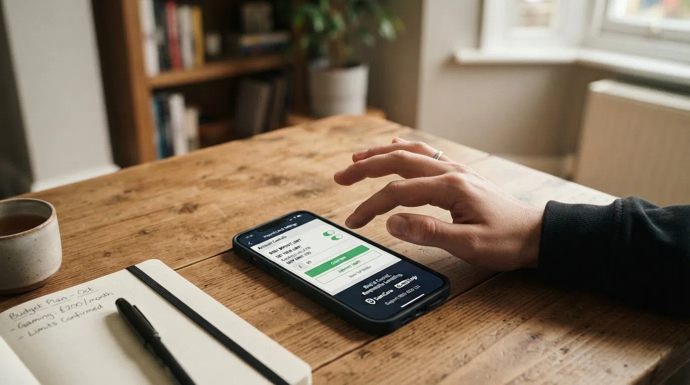 A calm, warm-tone composition: a hand hovering over a smartphone screen showing a deposit-limit settings panel, with the GamCare and BeGambleAware logos visible in a subtle sidebar