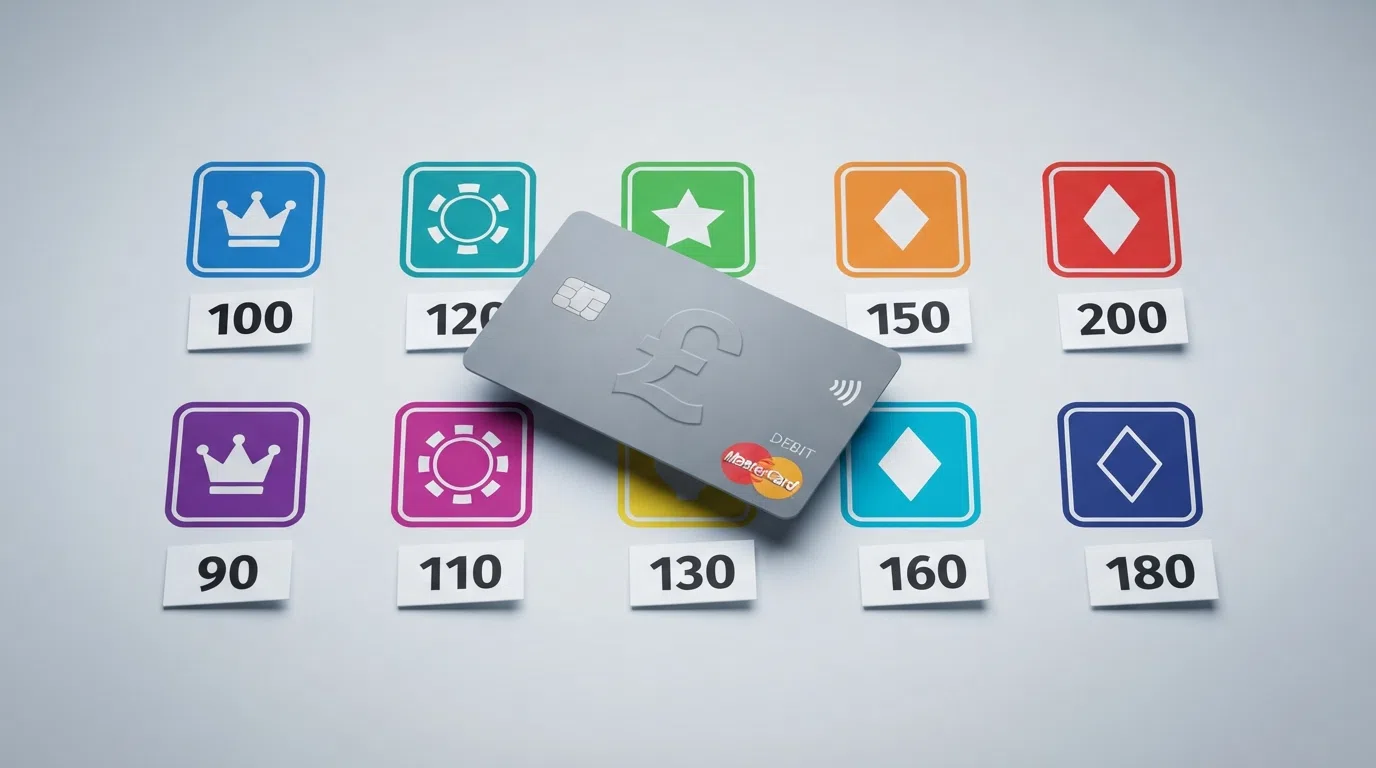 A grid of UK-licensed casino logos with a Revolut card placed across them, each logo annotated with its free-spins count