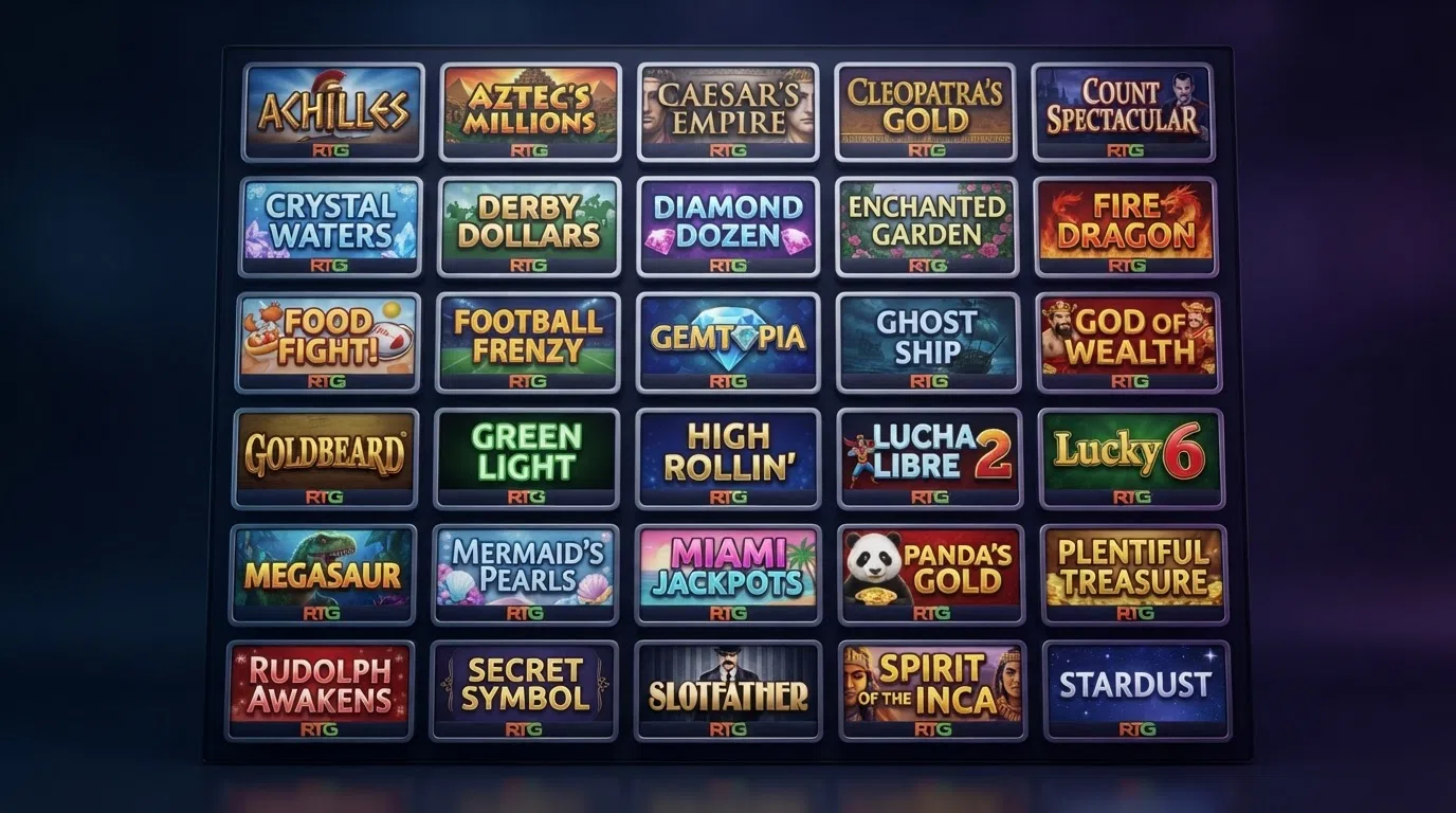 A grid of RTG slot game tiles in a casino lobby view