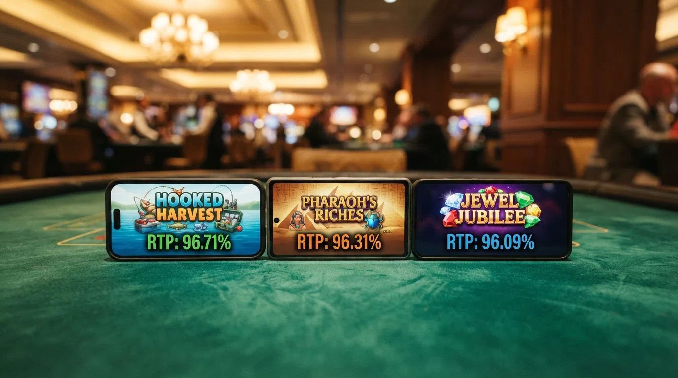 Three slot-game title screens — Big Bass Bonanza, Eye of Horus, and Starburst — displayed in a row with their RTP percentages overlaid in bold, colour-coded from highest to lowest.