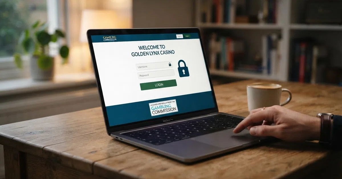 A laptop screen showing a casino login page with a closed padlock icon and a footer badge reading “Licensed and regulated by the Gambling Commission”