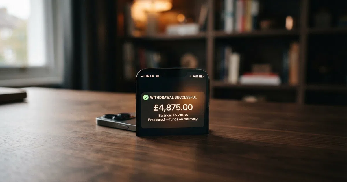 A smartphone screen showing a casino withdrawal-confirmation notification with a British pound balance and a timestamp reading “processed — funds on their way.”