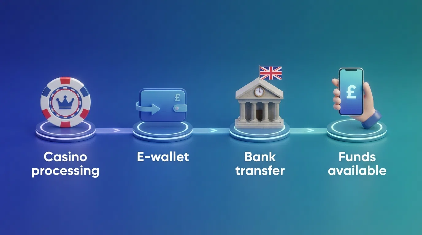 diagram showing the four-stage Skrill withdrawal chain: casino processing → Skrill wallet → bank transfer → funds available