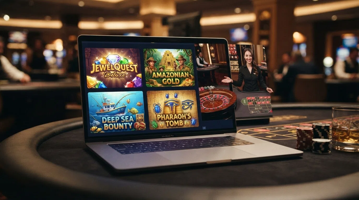 grid of four popular slot titles and a live-dealer roulette table at a UK casino