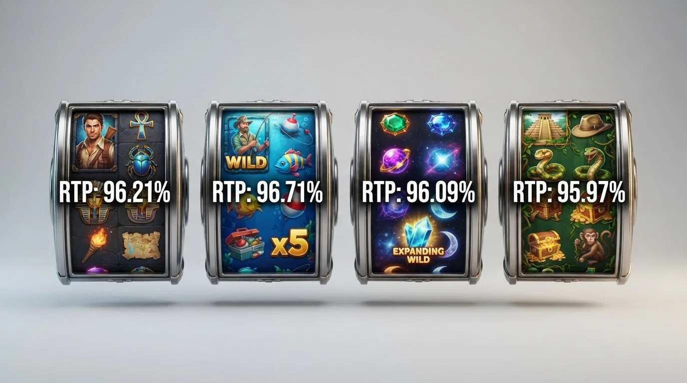 A side-by-side visual comparison of four popular slot reels — Book of Dead, Big Bass Bonanza, Starburst and Gonzo's Quest — with their RTP percentages overlaid