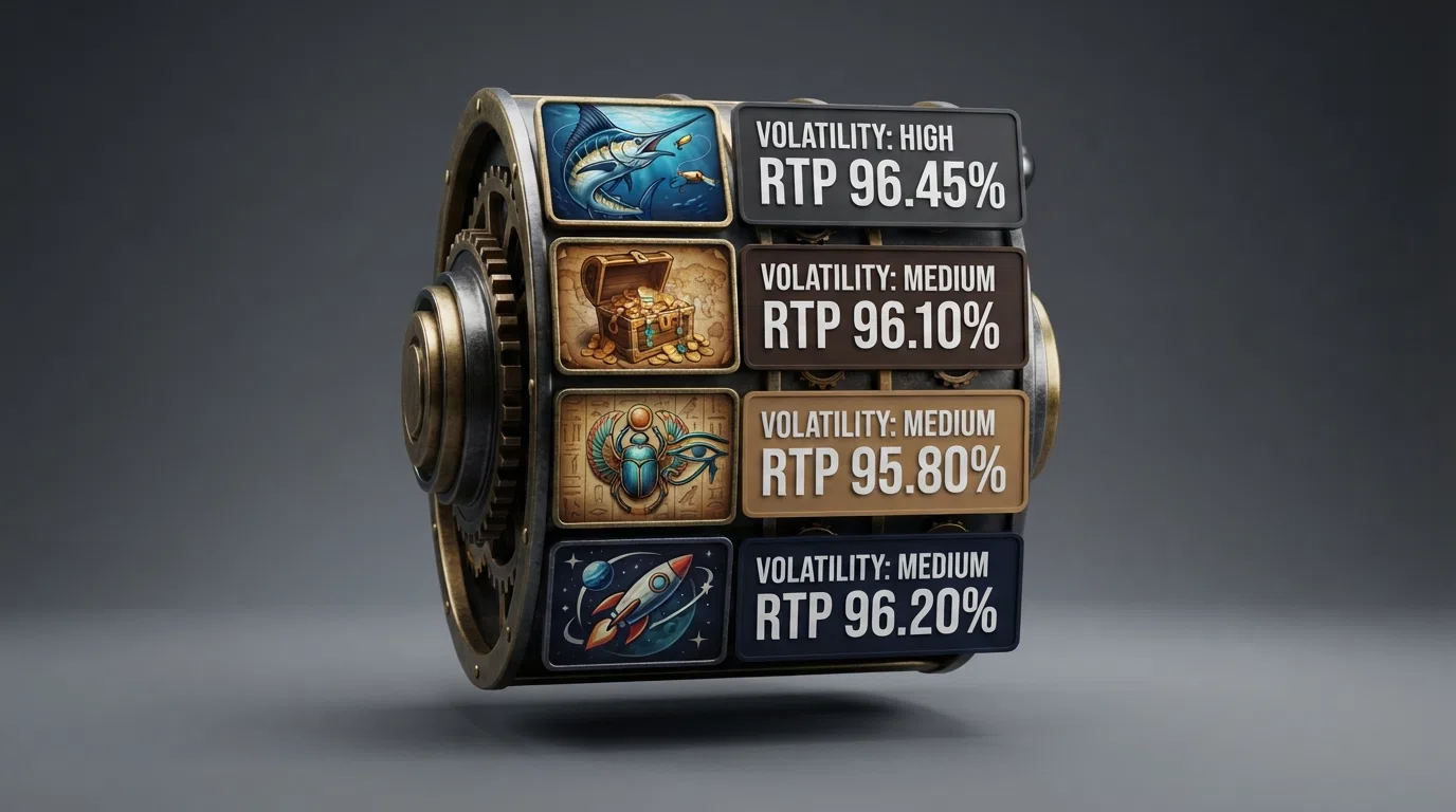 A slot game reel with a side panel listing RTP percentages for four slot titles