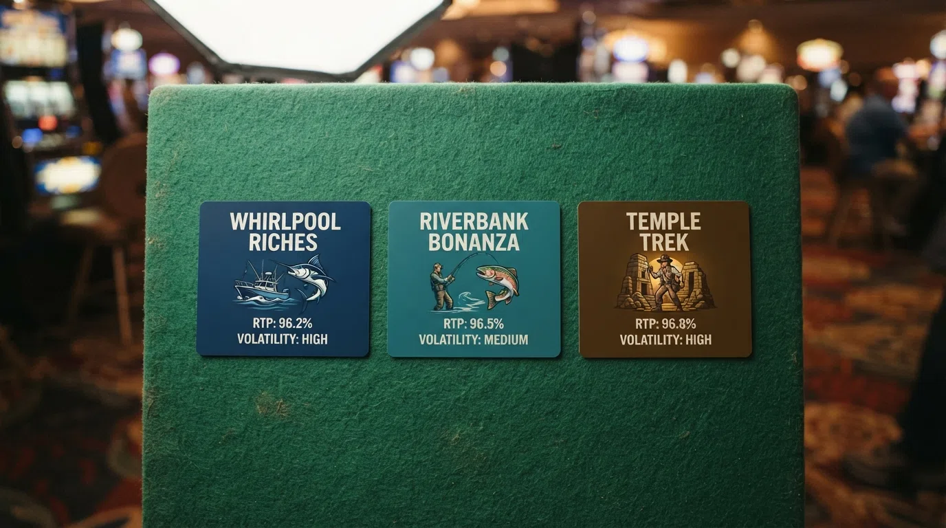 Three slot-title cards laid out horizontally — Big Bass Splash, Big Bass Bonanza and Book of Dead — with their RTP percentages and volatility labels displayed beneath each title