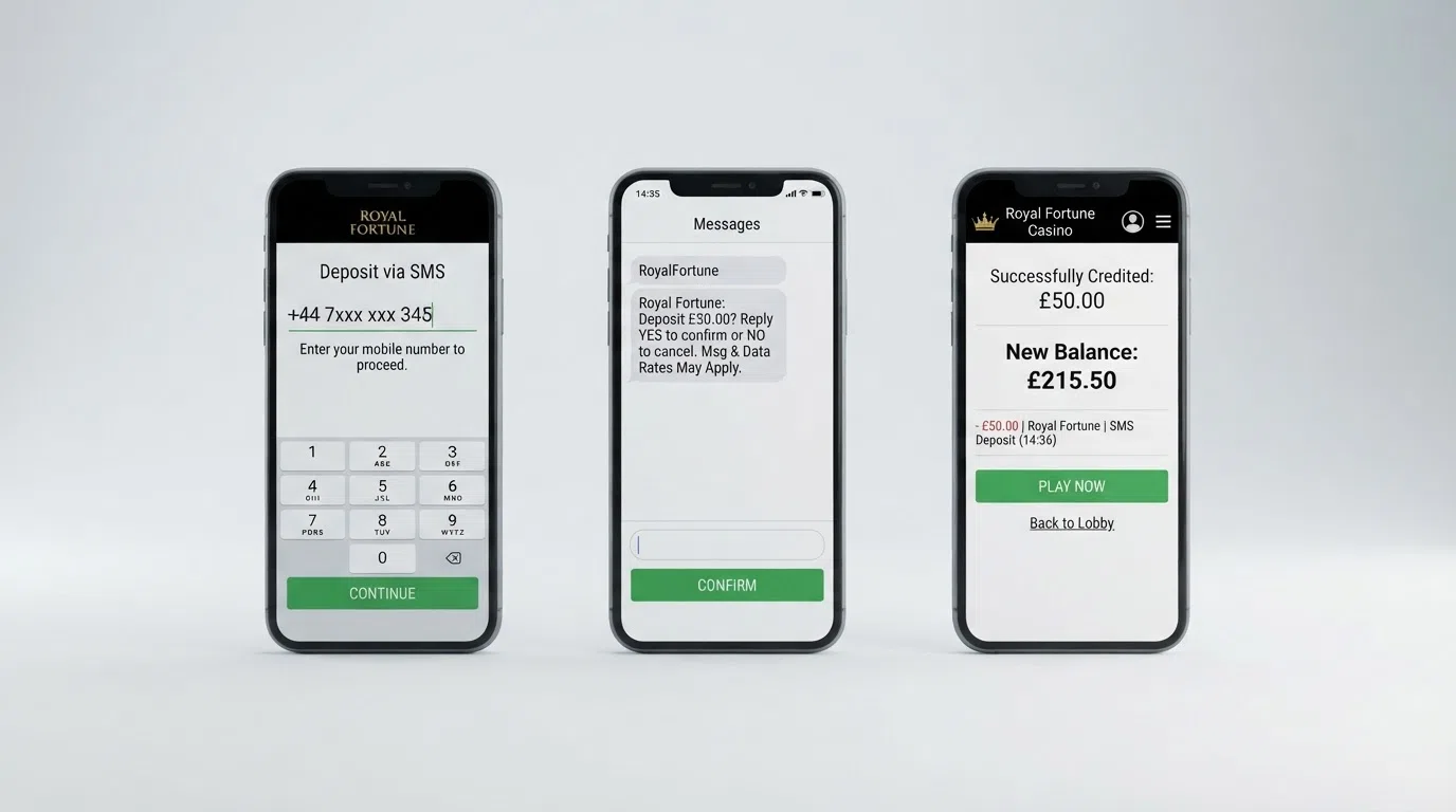 A simplified visual showing the three stages of an SMS casino deposit: phone screen with “Enter mobile number” field, then an incoming SMS confirmation message, then a casino balance screen with the credited amount
