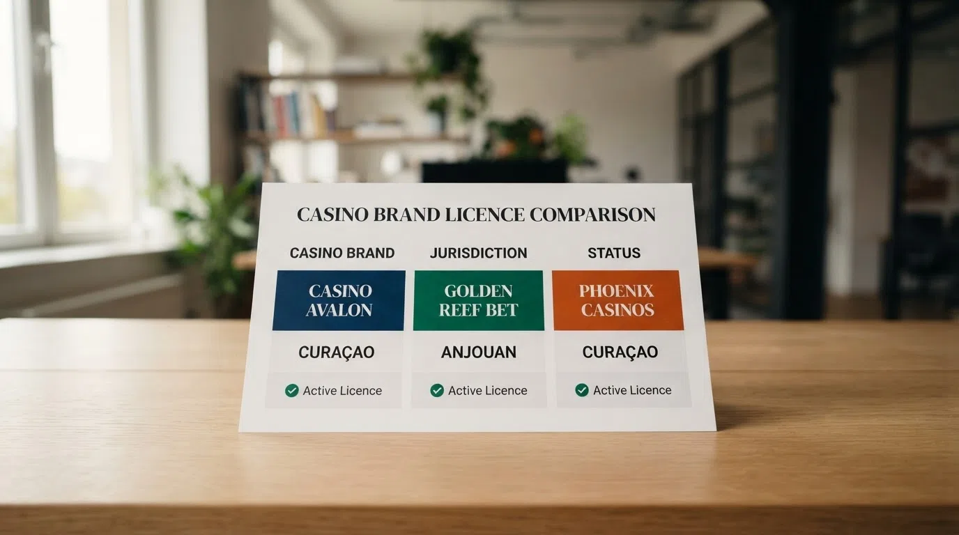 A comparison chart showing casino brand logos beside their licence jurisdictions — Curaçao and Anjouan — and welcome bonus amounts