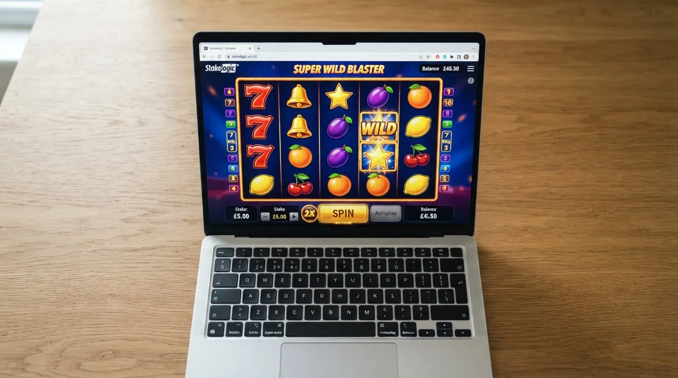 A Stakelogic slot game screen in play on a desktop browser, showing the Super Stake button and a game grid with UK £5 stake cap display