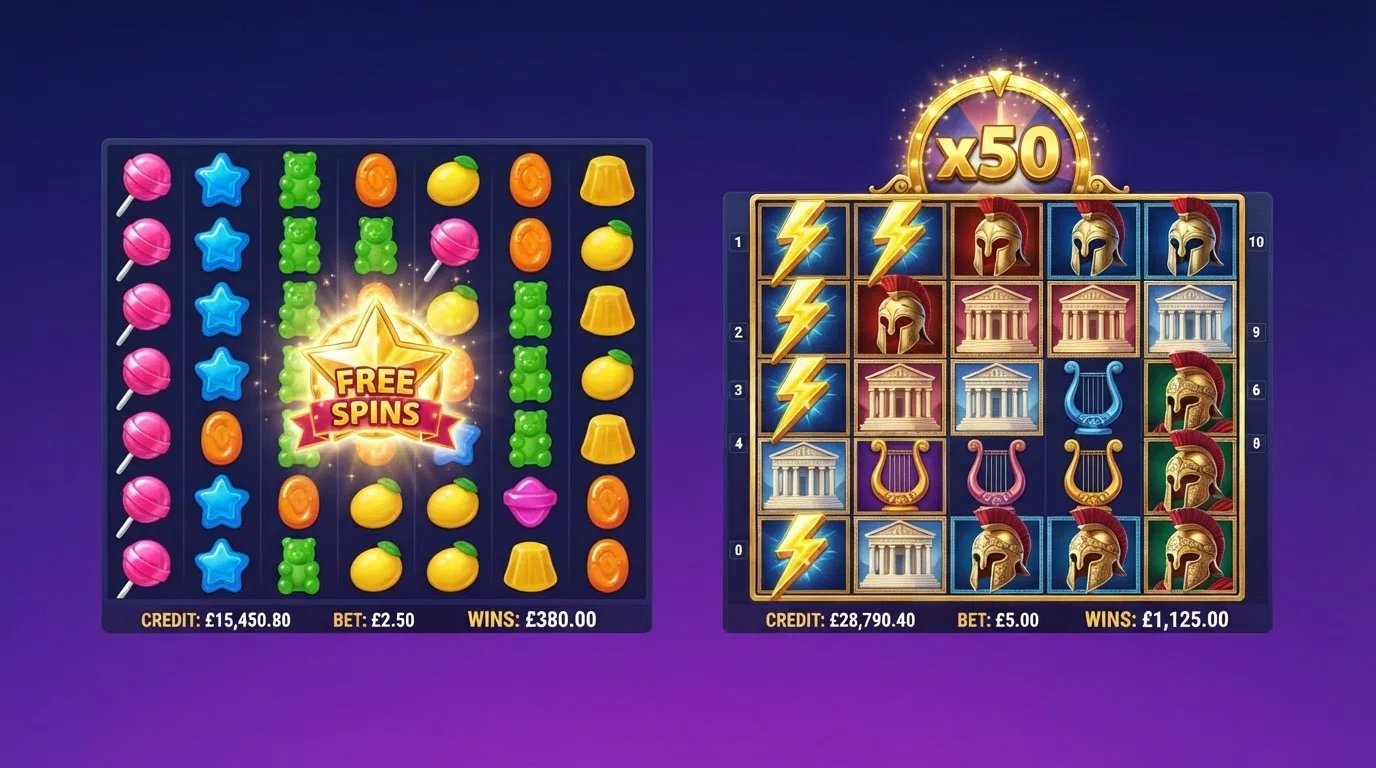 Sweet Bonanza and Gates of Olympus slot reels side by side showing their colourful grid-based layouts with candy and Greek-god symbols